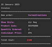 Screenshot of an invoice from my product inventory project.